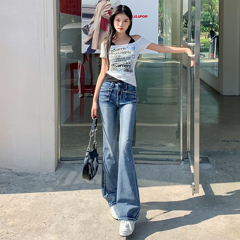Lady Jean - Mid Waist Washed Flared Jeans