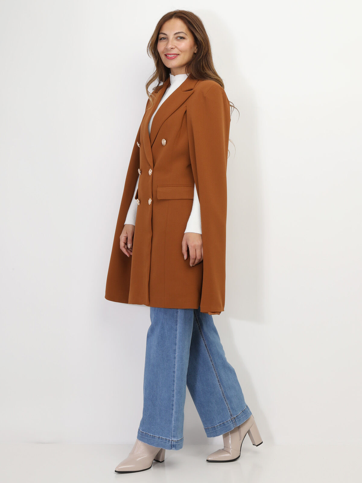 Manteau cape à boutons officier- Camel