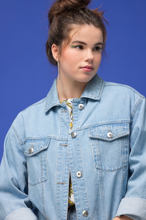 Jeansjacke, Boxy Shape, Glitzersteinchen, Hemdkragen, Langarm