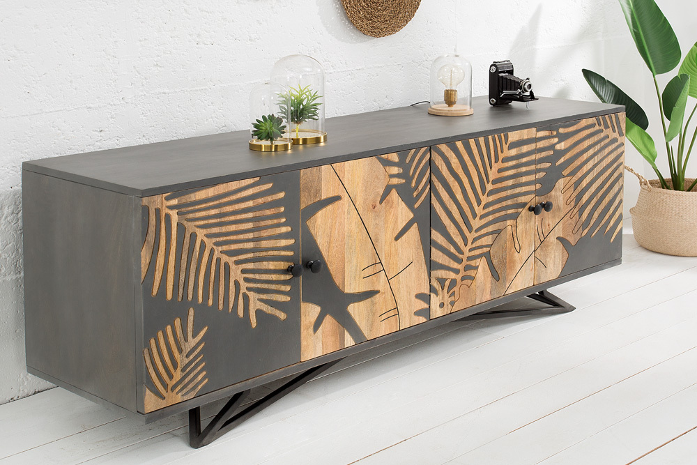 Massives Sideboard TROPICAL 160cm grau Mangoholz florales Design Boho Metallgestell