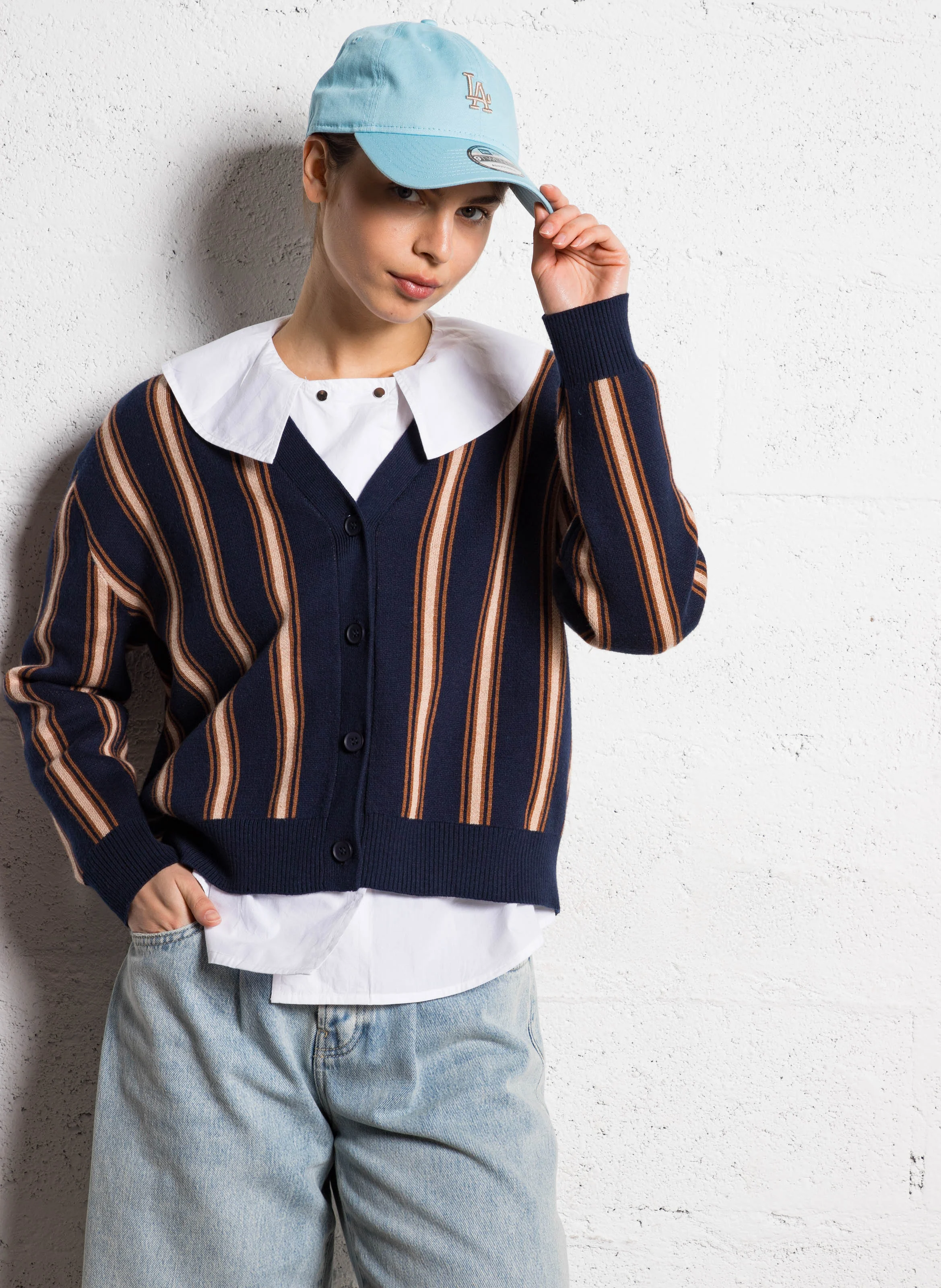 INES - Gilet col V en coton mélangé | Bleu