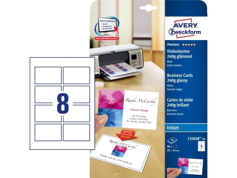 Avery Quick&Clean - Skinnende - hvid - 220 g/m² - 10 stk. 8) fotovisitkort