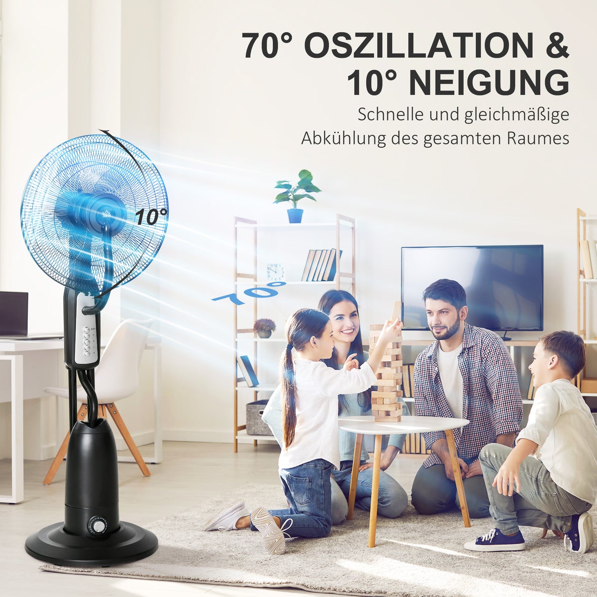 HOMCOM Staande ventilator met 2,8 liter waterkoeling, 90 W ventilator met vernevelingsfunctie, verstelbare kantelhoek, metaal, zwart + zilver, hoogte 120 cm
