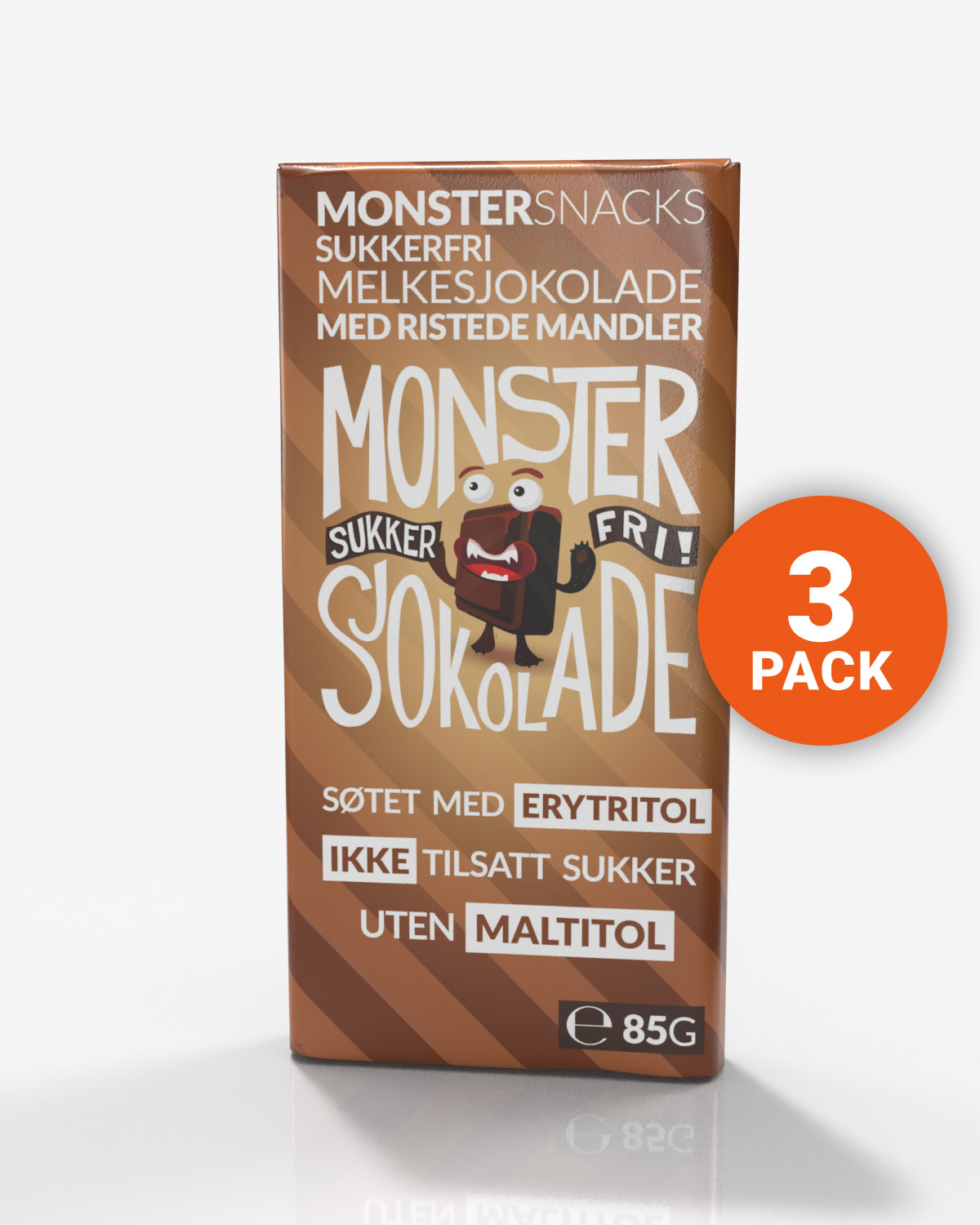 Monster Belgisk Melkesjokolade m\ Ristede Mandler 3x85g - uten tilsatt sukker