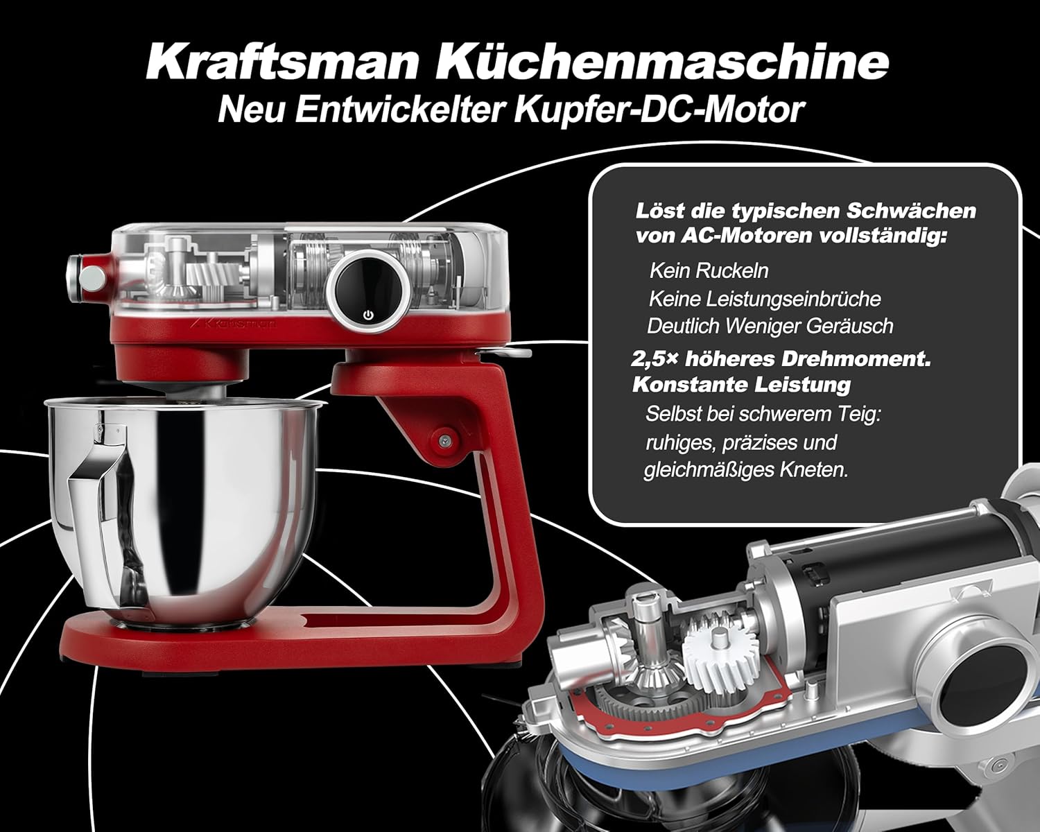 5L Vollmetall-Küchenmaschine,Pizzateig Knetmaschine,Teigmaschine mit leisem Kupfer-DC-Motor, 4 Edelstahl-Aufsätzen ohne Beschichtung und universellem Multifunktionsanschluss