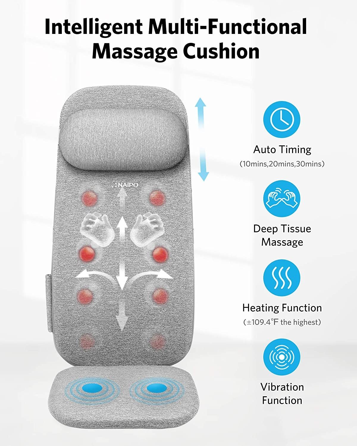NAIPO Shiatsu-Massagesitzauflage Rückenmassagegerät, Wärme, Hüftvibration