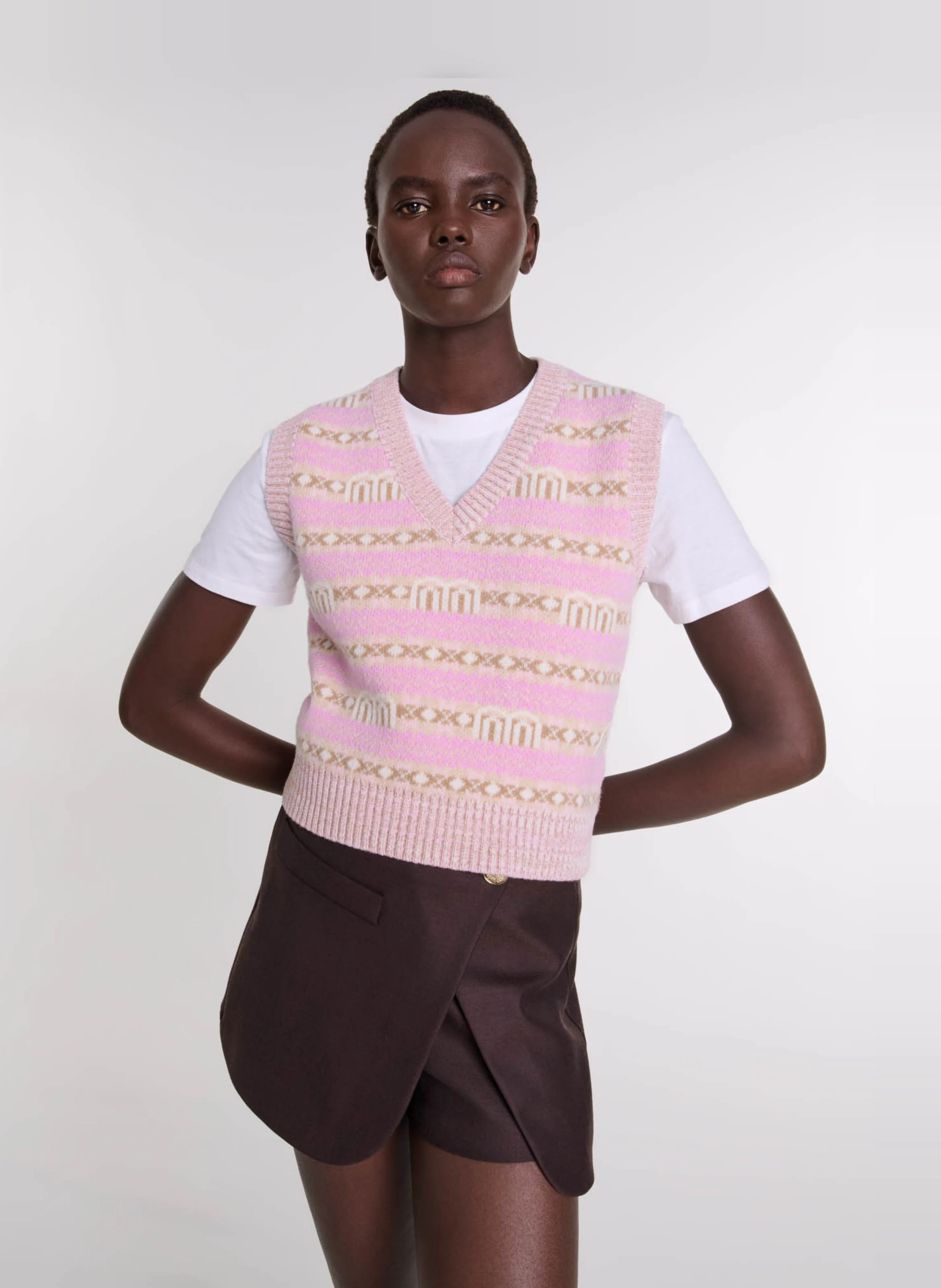 Pull col V jacquard en laine mélangée | Multicolore