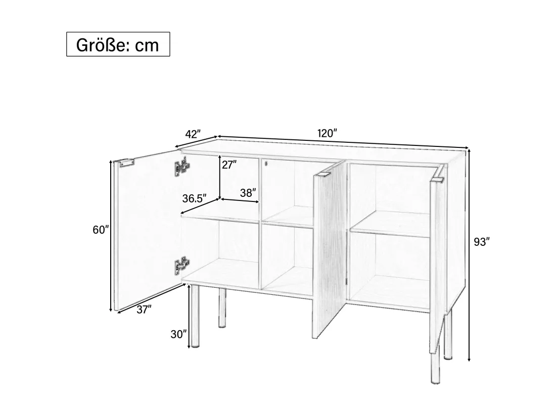 Buffet moderne avec 3 portes - 120 x 42 x 93 cm - MDF - Etagères réglables et pieds en métal - Noir