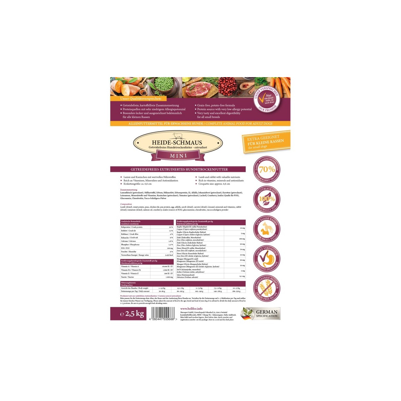 Bellfor Trockenfutter mit Lamm und Kaninchen - Heide-Schmaus Mini - 2,5 kg