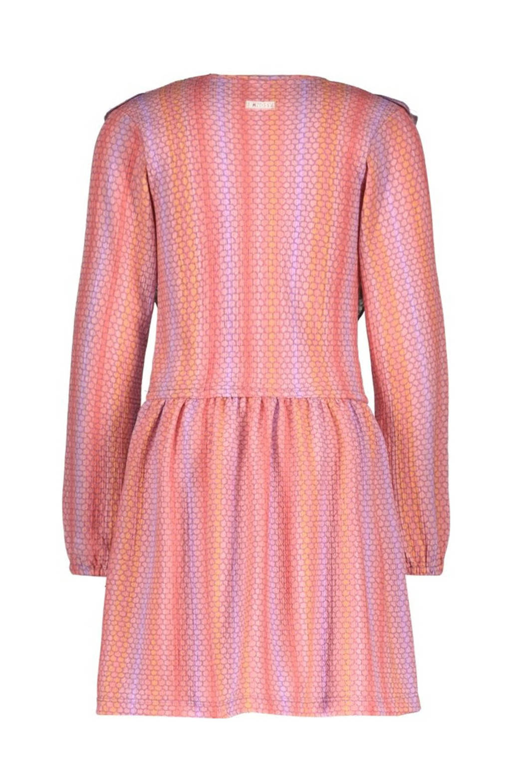 B.Nosy K3 jurk Doutzen met all over print en ruches roze/perzik/lila