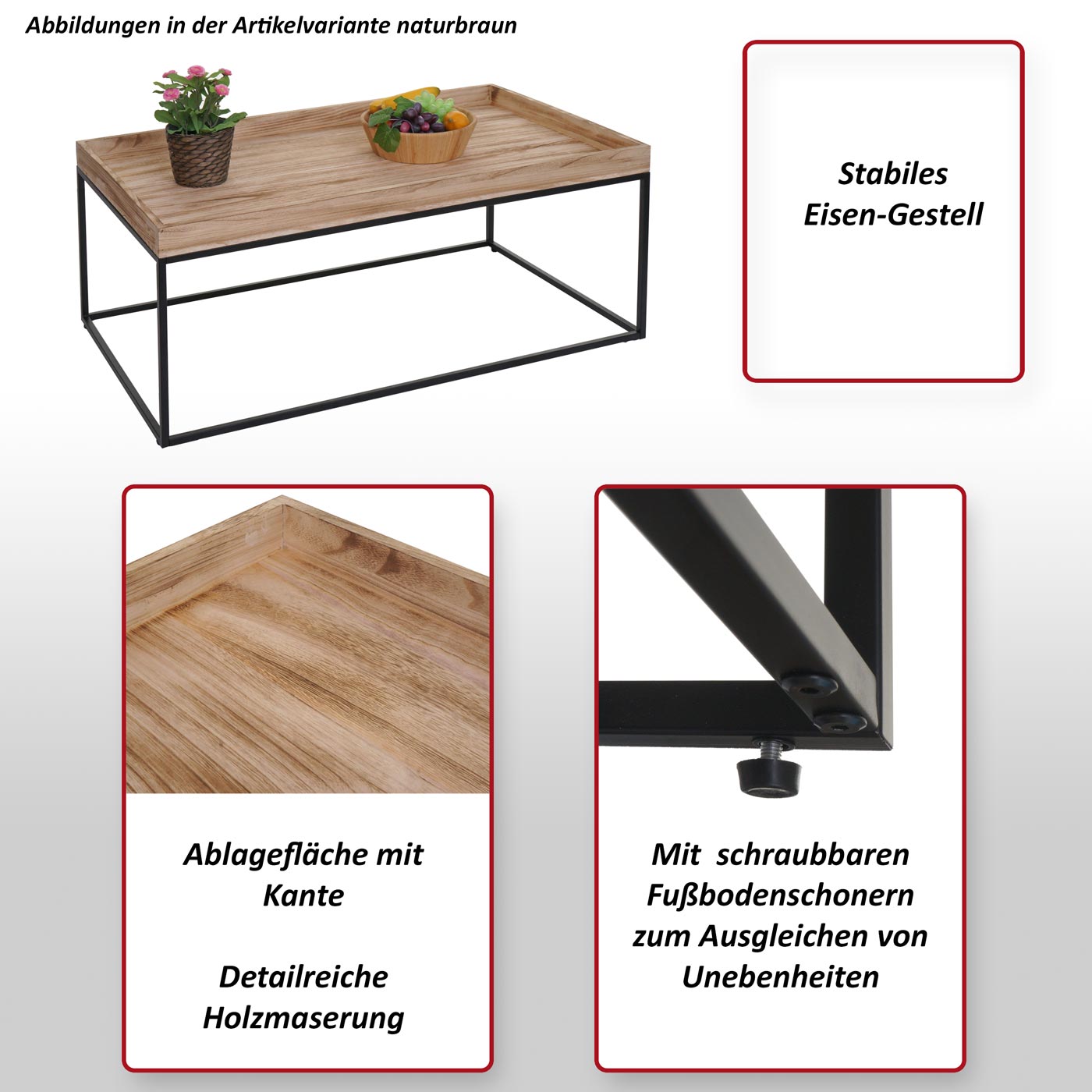 Couchtisch MCW-K71, Kaffeetisch Beistelltisch Tisch, Holz massiv Metall 46x110x60cm ~ naturfarben