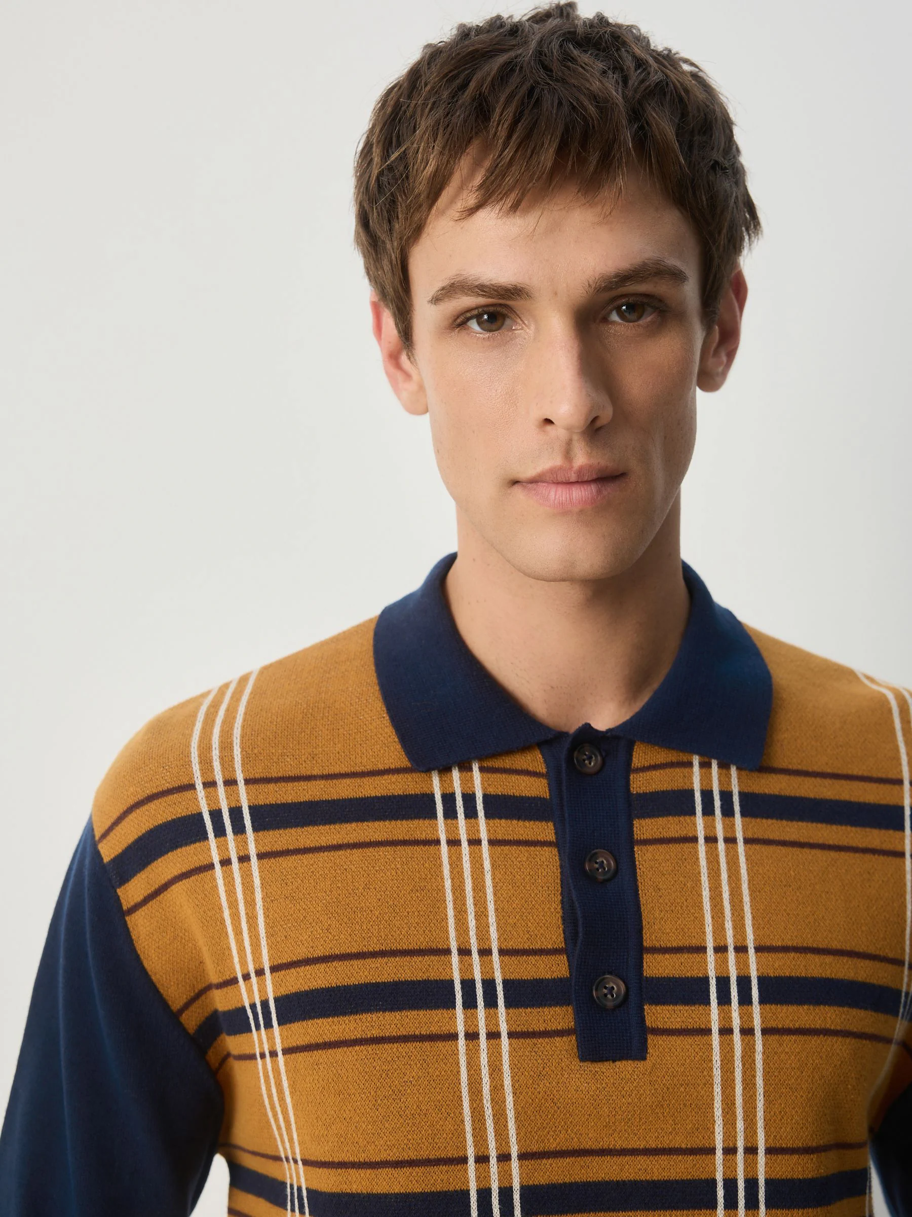 Marineblauw/mosterdgeel - Regular Fit Long Sleeve Knitted Check Polo Shirt