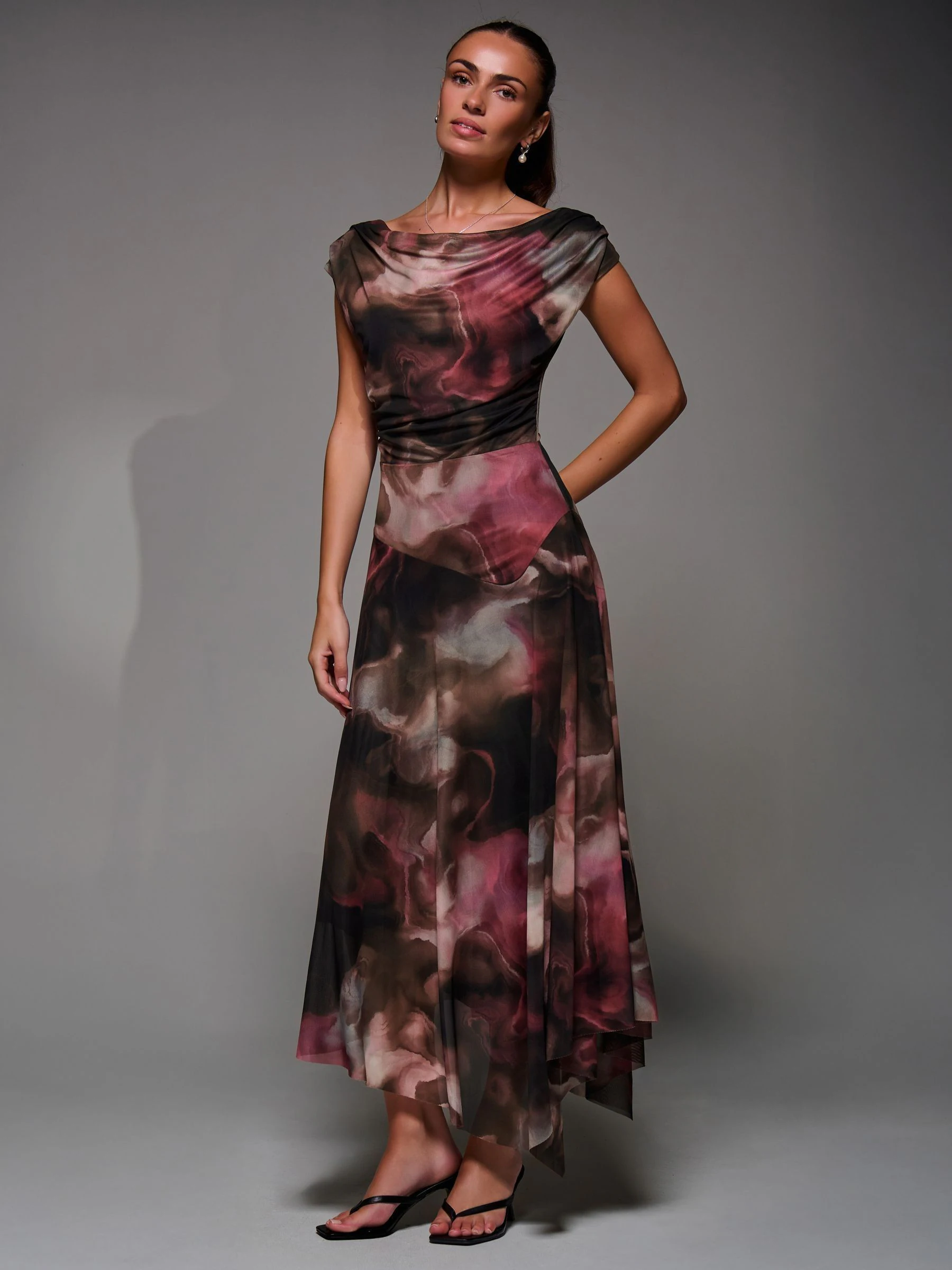 Bruin - Jolie Moi Mesh Asymmetrical Draped Maxi Dress