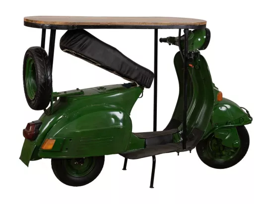 Barre porte-bouteilles moto vespa en métal et bois vert 185x66x115h