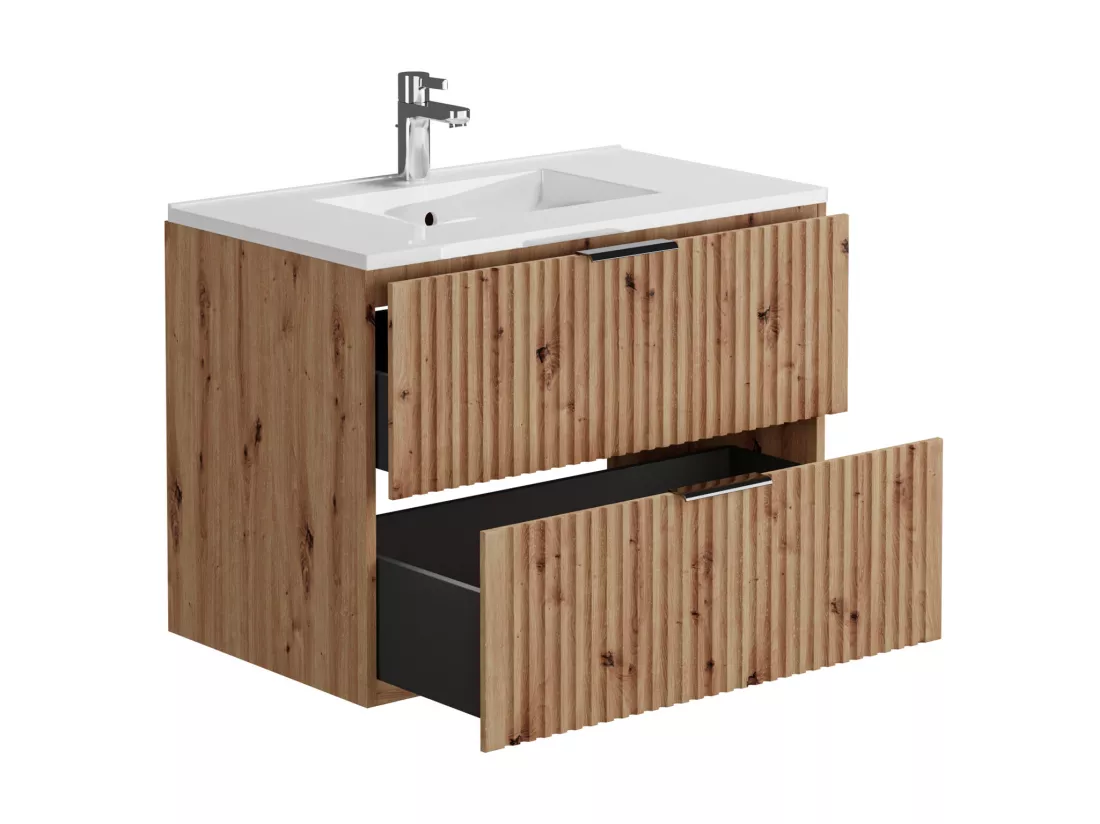 Meuble de salle de bain suspendu strié avec vasque à encastrer - Naturel clair - 80 cm - ZEVARA