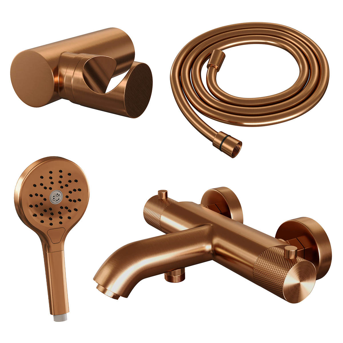 Brauer Copper Carving thermostatische badkraan met wandhouder en 3 standen handdouche geborsteld koper PVD