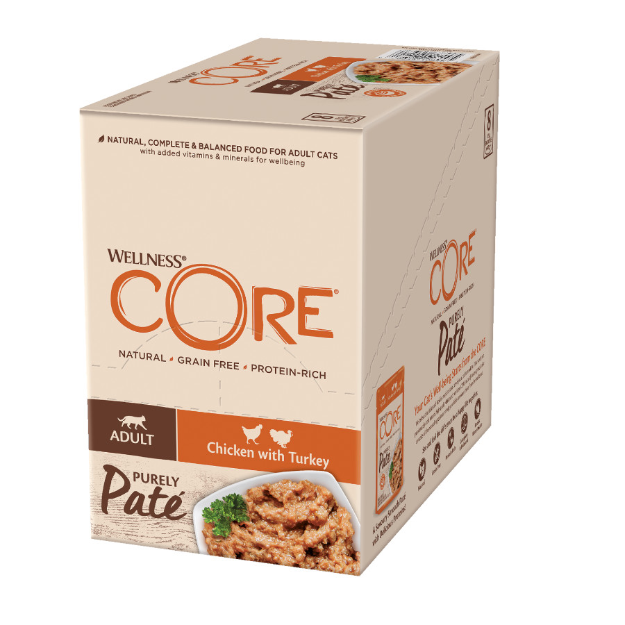 Sachê de 85g de patê Wellness Core Adult com frango e peru para gatos.