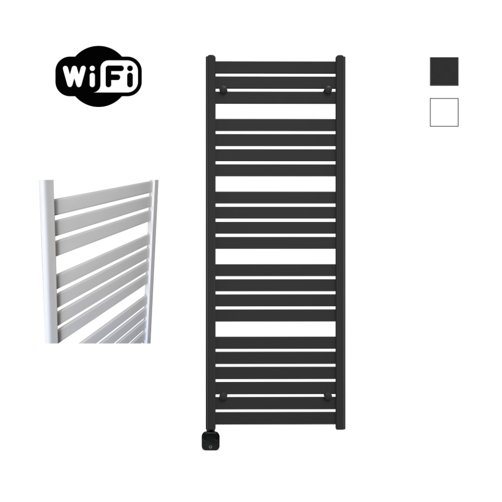 Sanicare Carini Moda elektrische Wifi radiator 160x60cm mat zwart met thermostaat zwart linksonder
