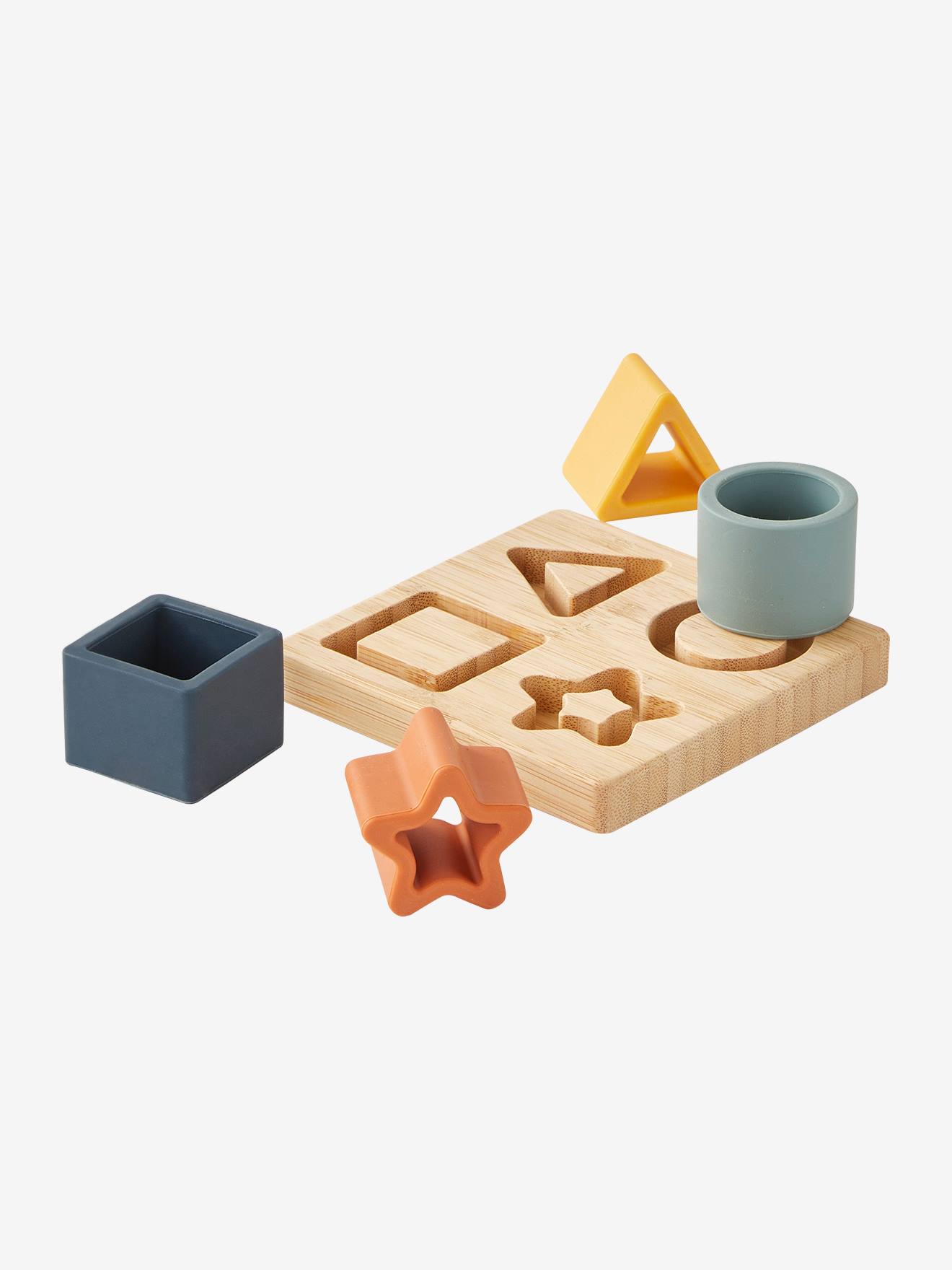 Quebra-cabeça de formas em madeira e silicone, azul escuro liso