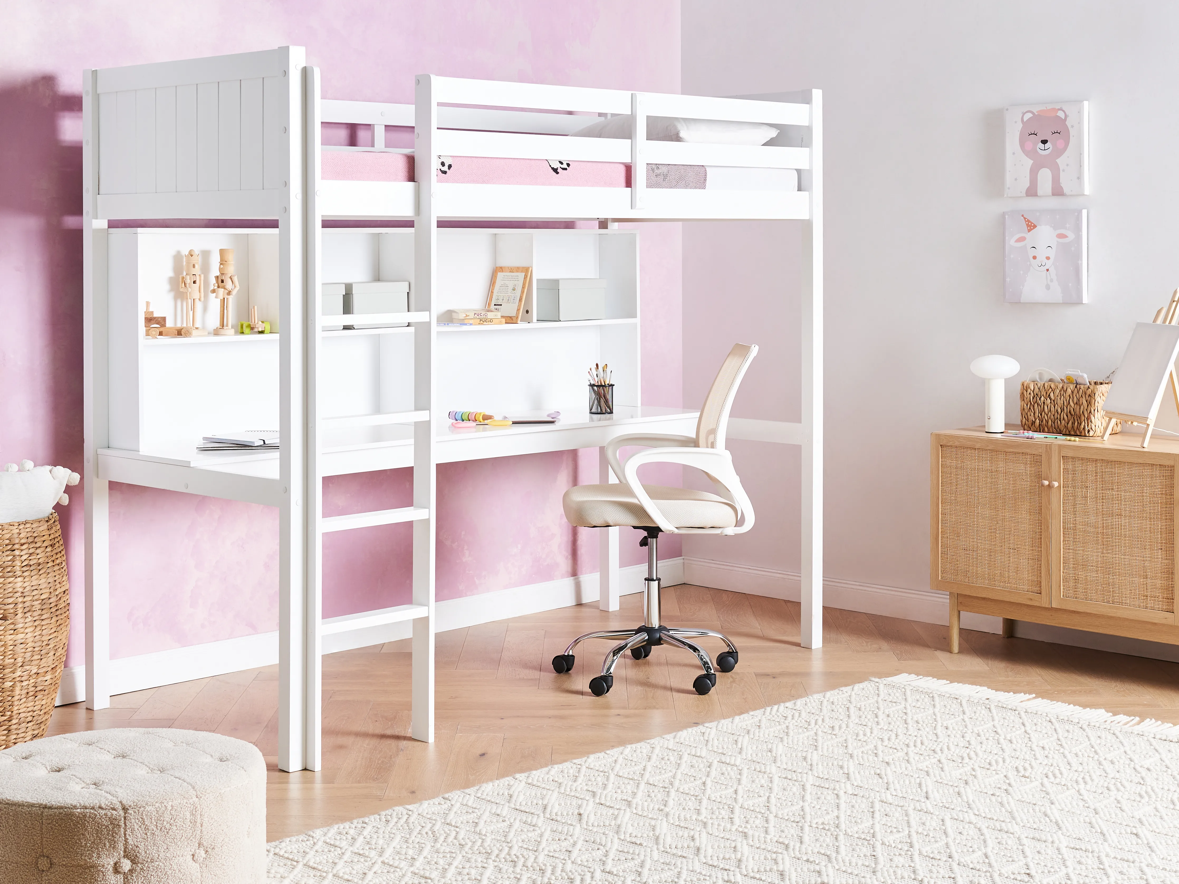 Hoogslaper met bureau Dennenhout FOUCAMONT 90 x 200 cm Wit