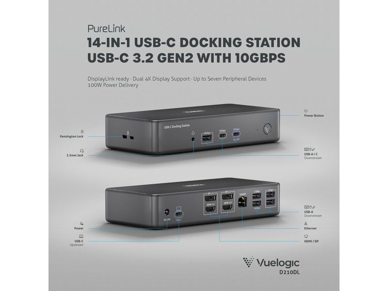 PureLink Dockingstation USB-C VL-D210DL Vuelogic Display Link Dock D210DL – Duales DisplayLink-Dock für den Schreibtisch - 4K-Unterstützung