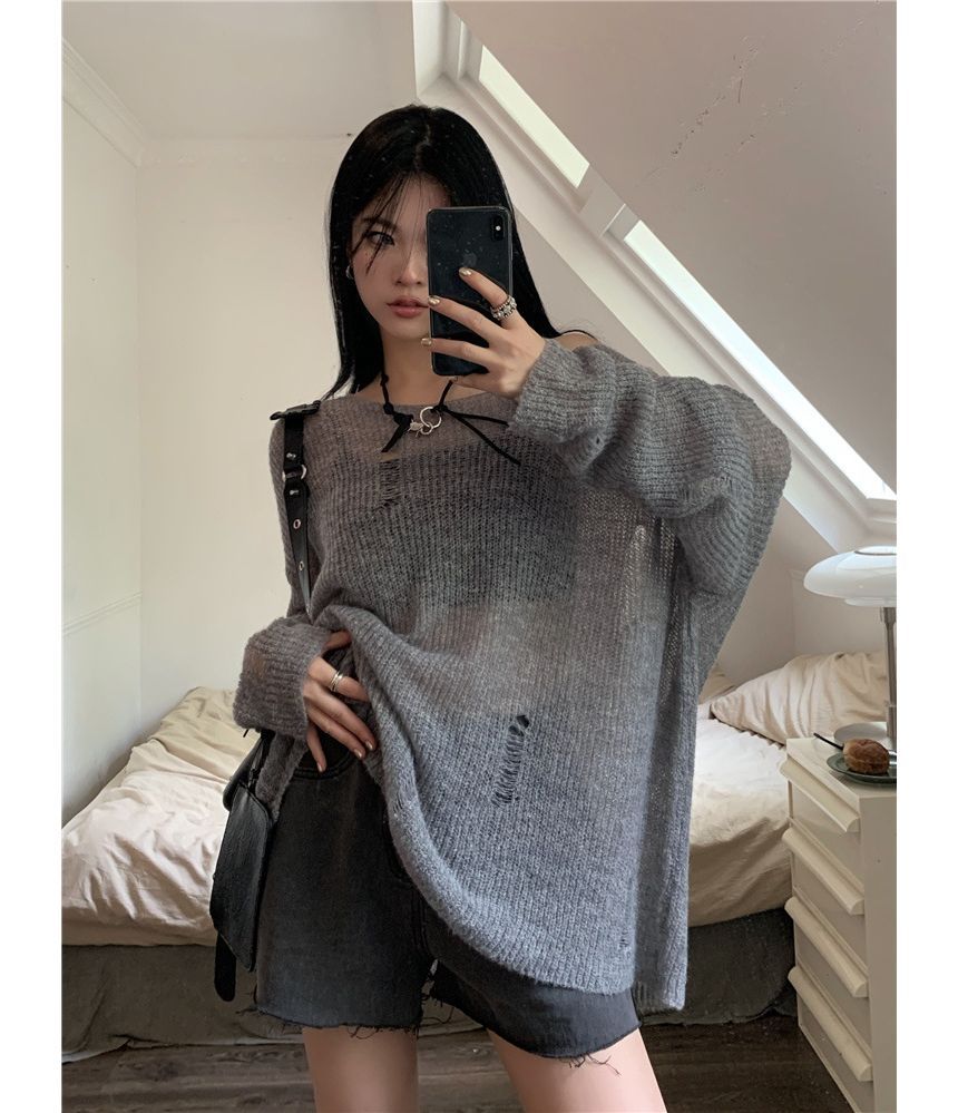Strawolf - Lange mouwen effen gebreide top met distressed effect