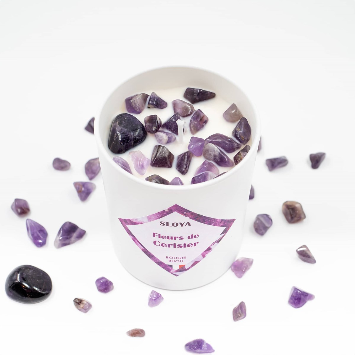 Bougie bijou pierres Améthyste - parfum Fleur de Cerisier