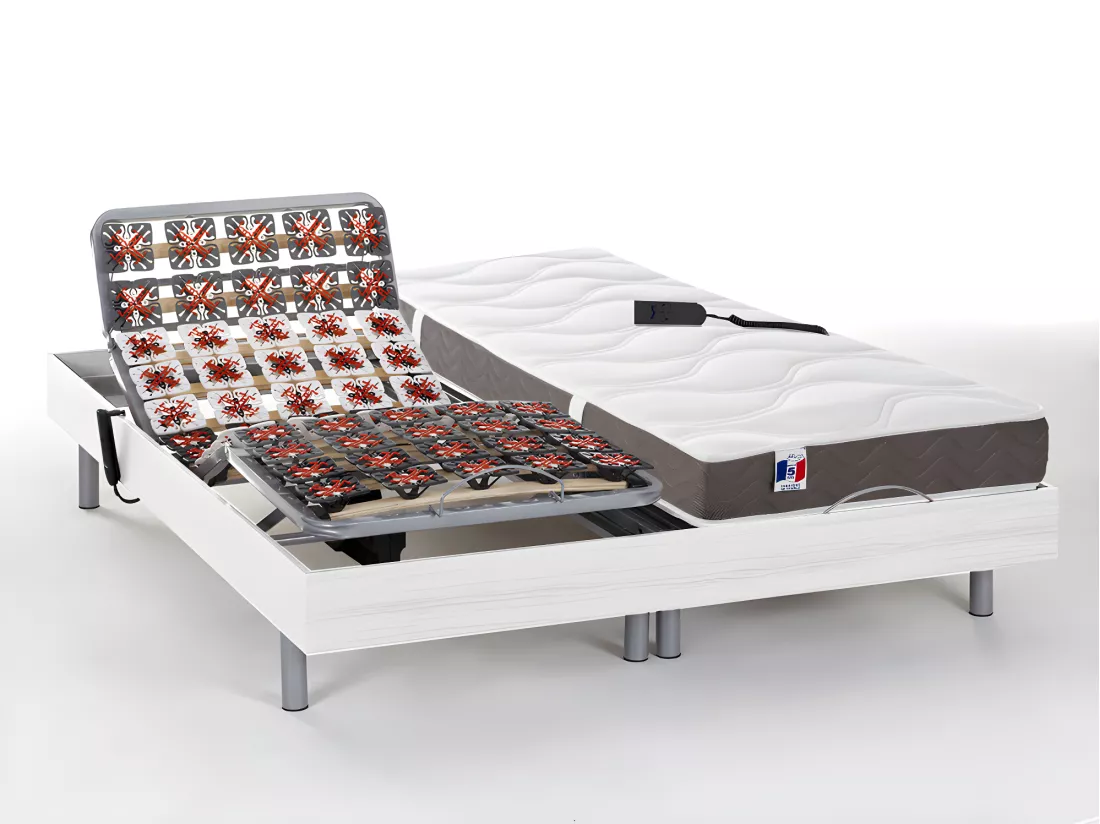 Lit électrique de relaxation tout plots + matelas 100% latex 3 zones - 2 x 80 x 200 cm - Blanc - JUPITER de YSMÉE