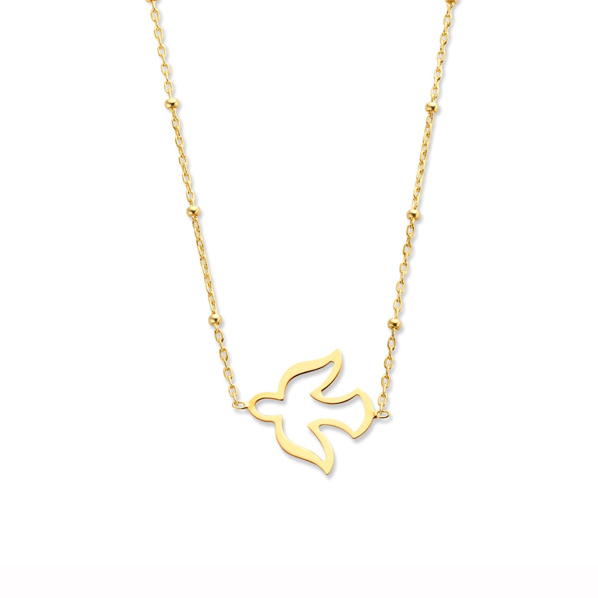 Collier or jaune motif colombe ajourée chaine boules