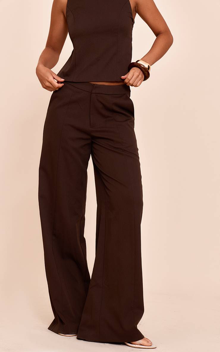 Marron Foncé Pantalon Large À Pinces Tissé