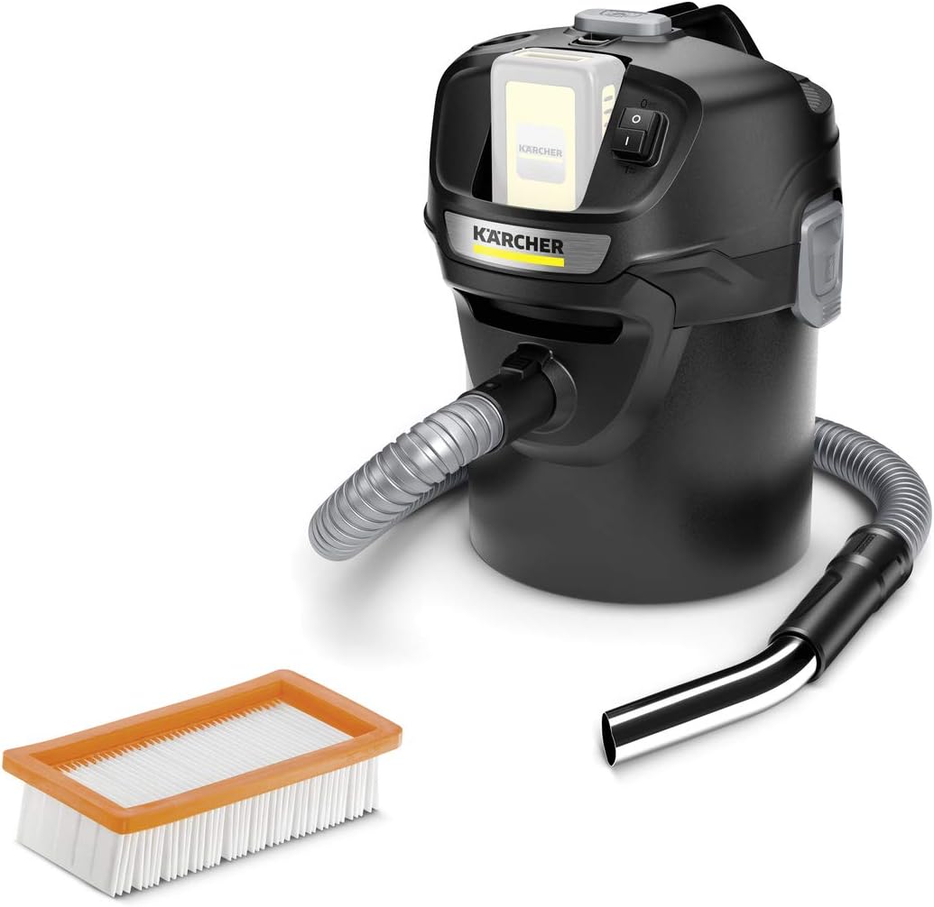 Kärcher 18 V Akku-Asche- und Trockensauger AD 2 für Kamin- und Pelletöfen, 1-teiliger Filter, Saugschlauch, 14 l, 230 W & Starter Kit 18/50, 5 Ah Akku