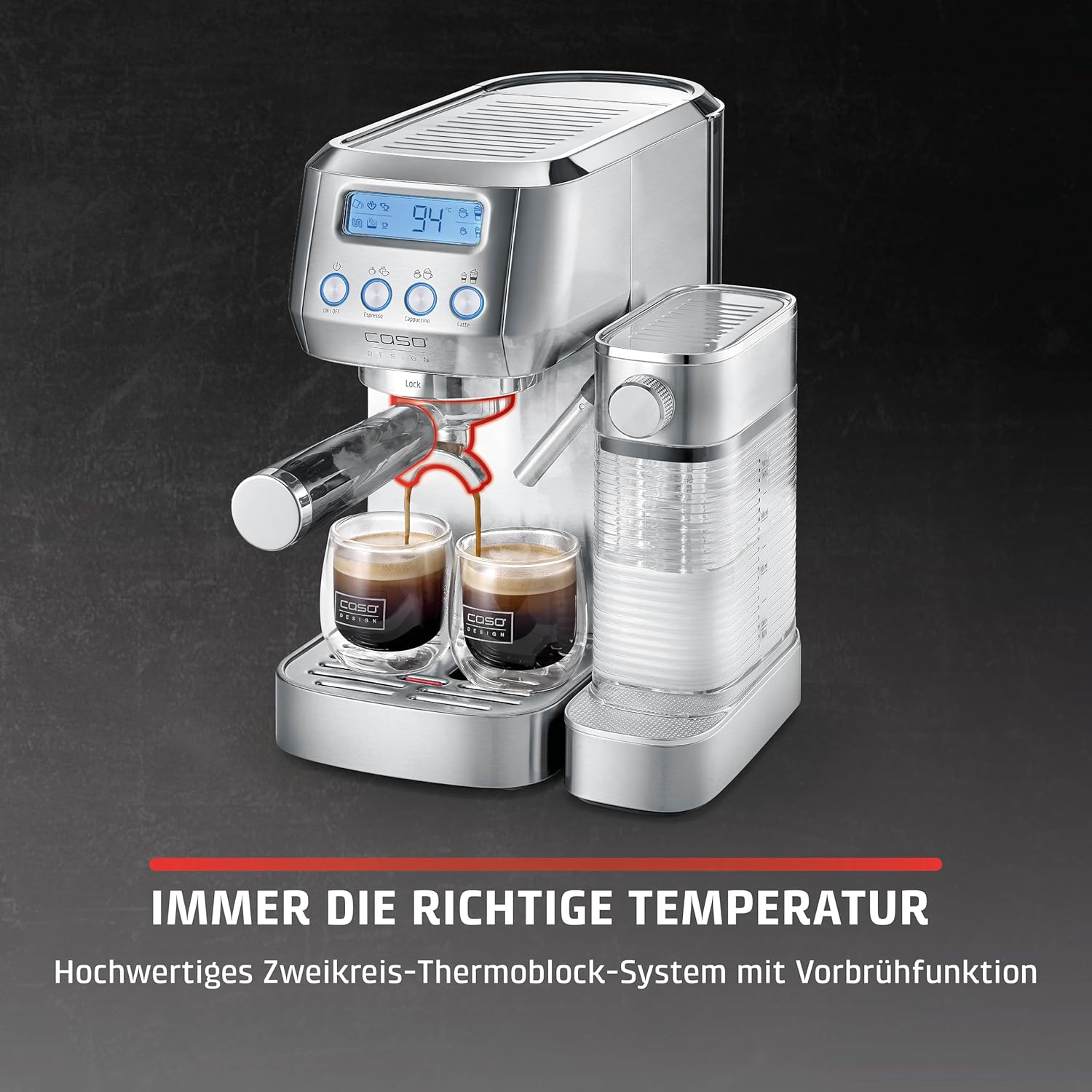 CASO Espresso Gourmet Latte - Testurteil Sehr Gut, Siebträgermaschine mit integriertem Milchbehälter, 20 bar ULKA Pumpe, Tassenwärmeplatte, 1 oder 2 Tassen, Silber, Edelstahl