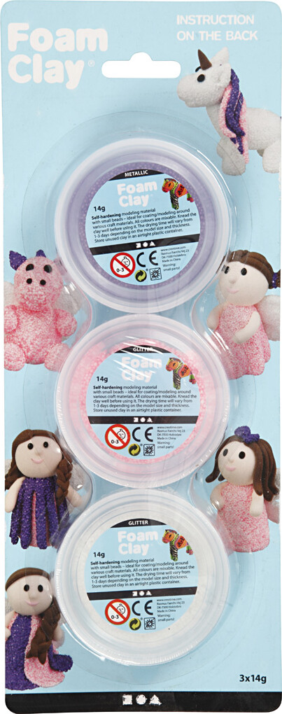 Foam Clay - Metallic Og Glitter Sæt - Pink, Lilla Og Hvid - 3X14 G