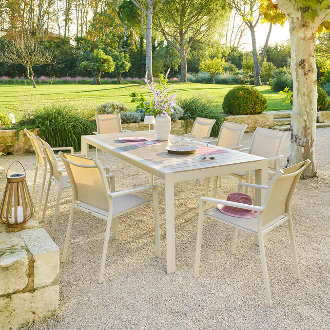 Ensemble table de jardin ÉVASION + 8 fauteuils ESSENTIA Lin & Argile