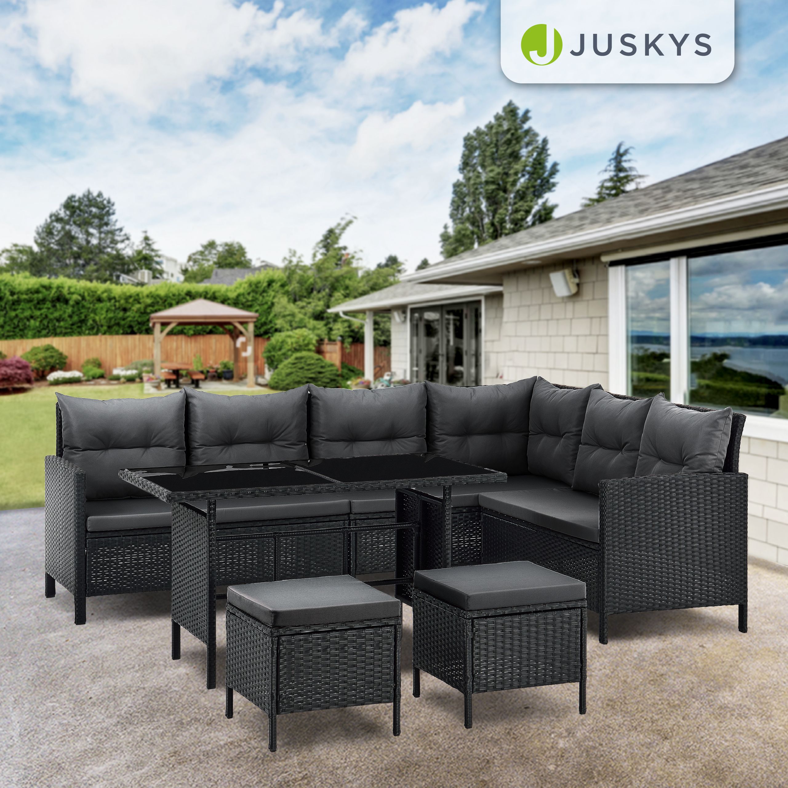 Juskys Gartenlounge Manacor schwarz - Sofa, Tisch, Hocker & Kissen - 7 Personen - Sitzbezüge in Grau
