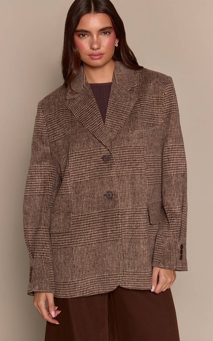 Beige Blazer Col Mao Oversize À Chevrons