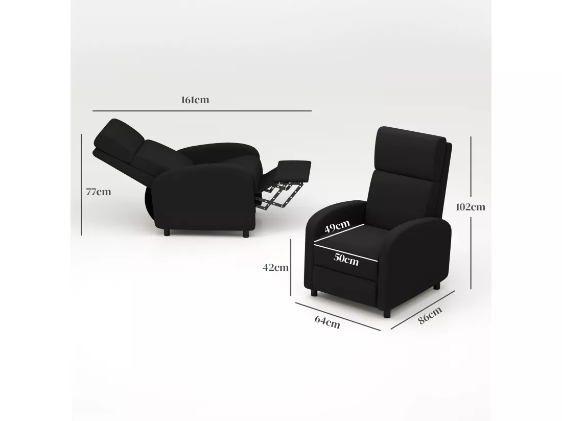 Fauteuil de relaxation inclinable réglable repose-pied tissu noir