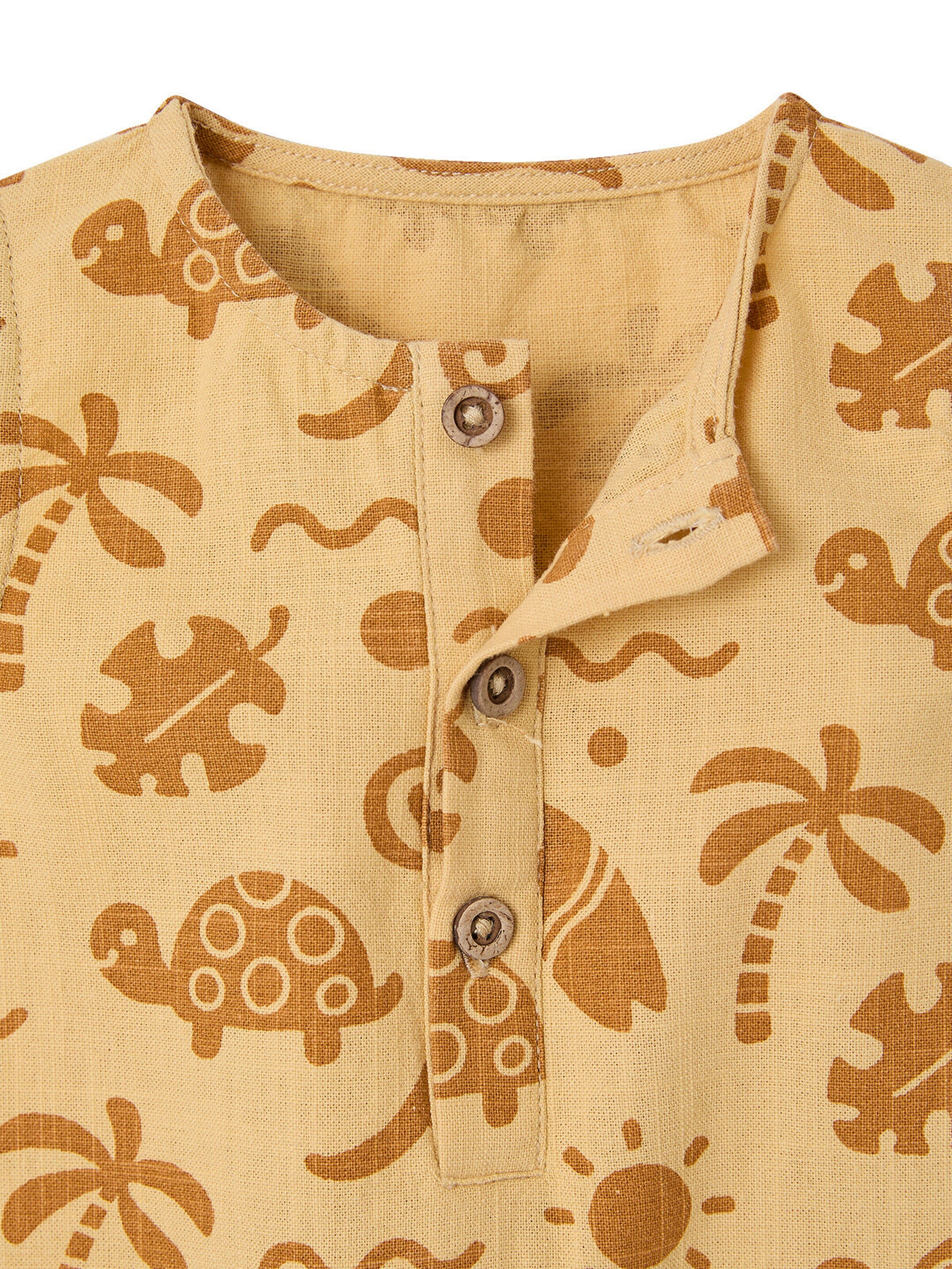 Vertbaudet Kurzer Baby Overall in Leinenoptik mit Strand-Motiven ocker