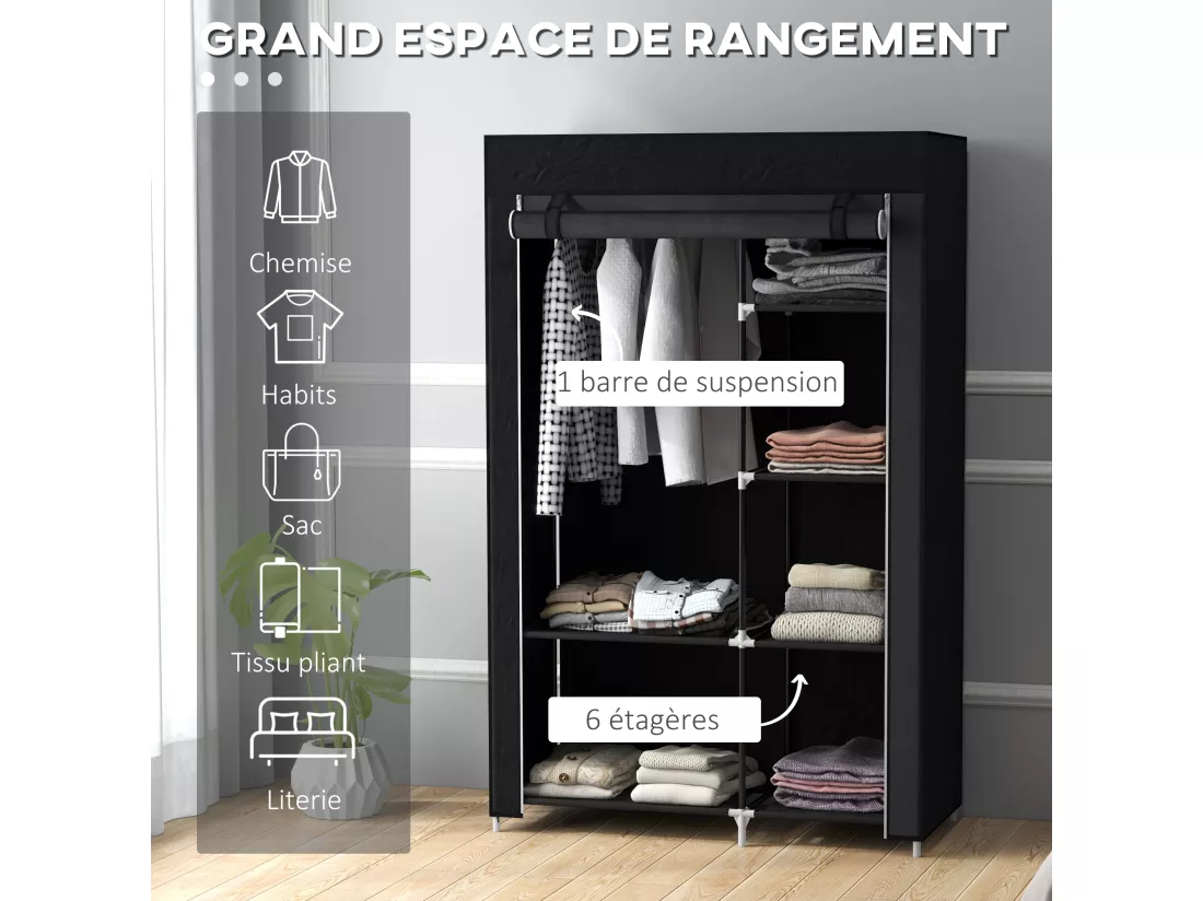 Armoire penderie multi-rangement - 6 étagères, 1 barre - dim. 103L x 43l x 162,5H cm - acier noir non tissé noir