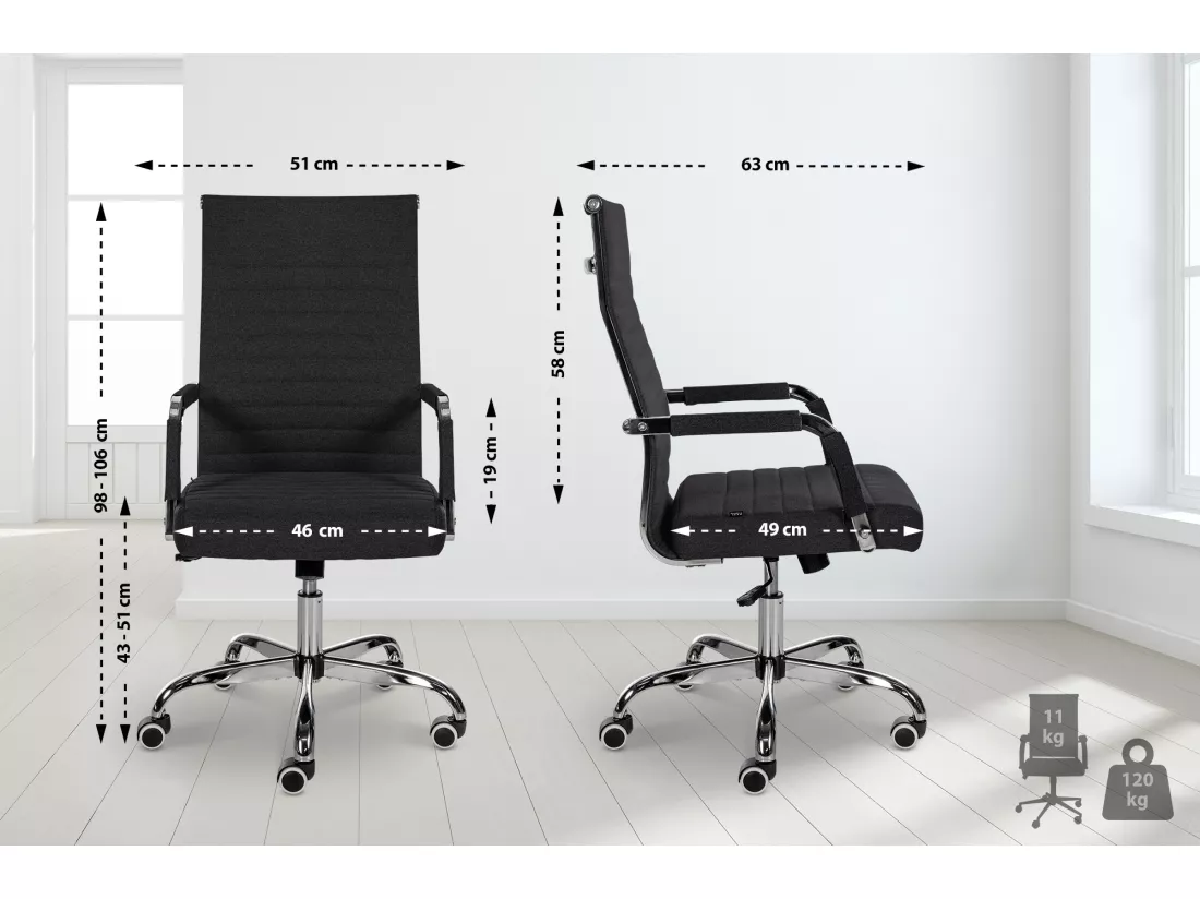 Chaise de bureau - Tissu & Métal chromé - Noir - Amadora