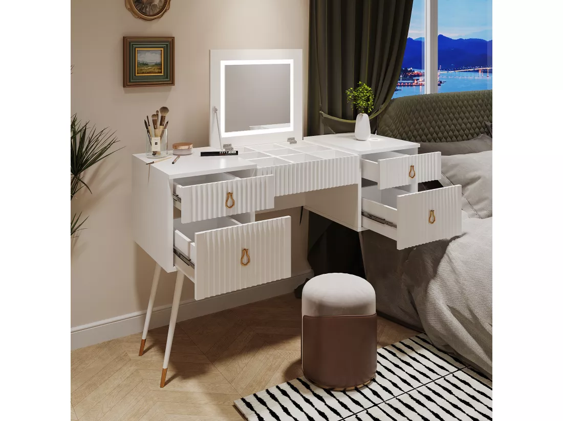 Coiffeuse avec miroir pliable à LEDs intelligentes - 3 tiroirs spacieux - 120 x 45 x 121 cm - Bois MDF - Blanc (sans tabouret)