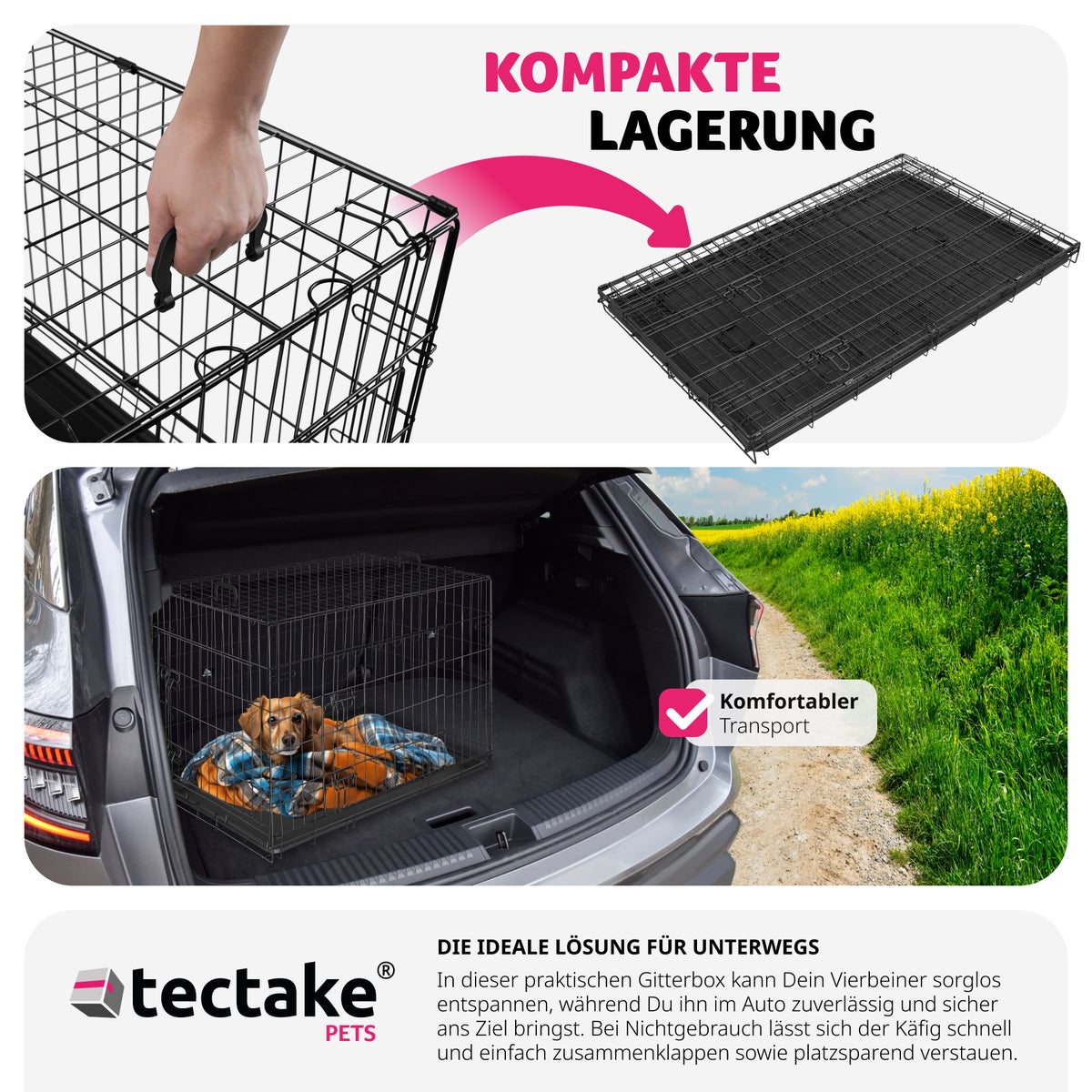 tectake Luna opvouwbare hondenbench/krat met 2 draaggrepen en afgeronde hoeken