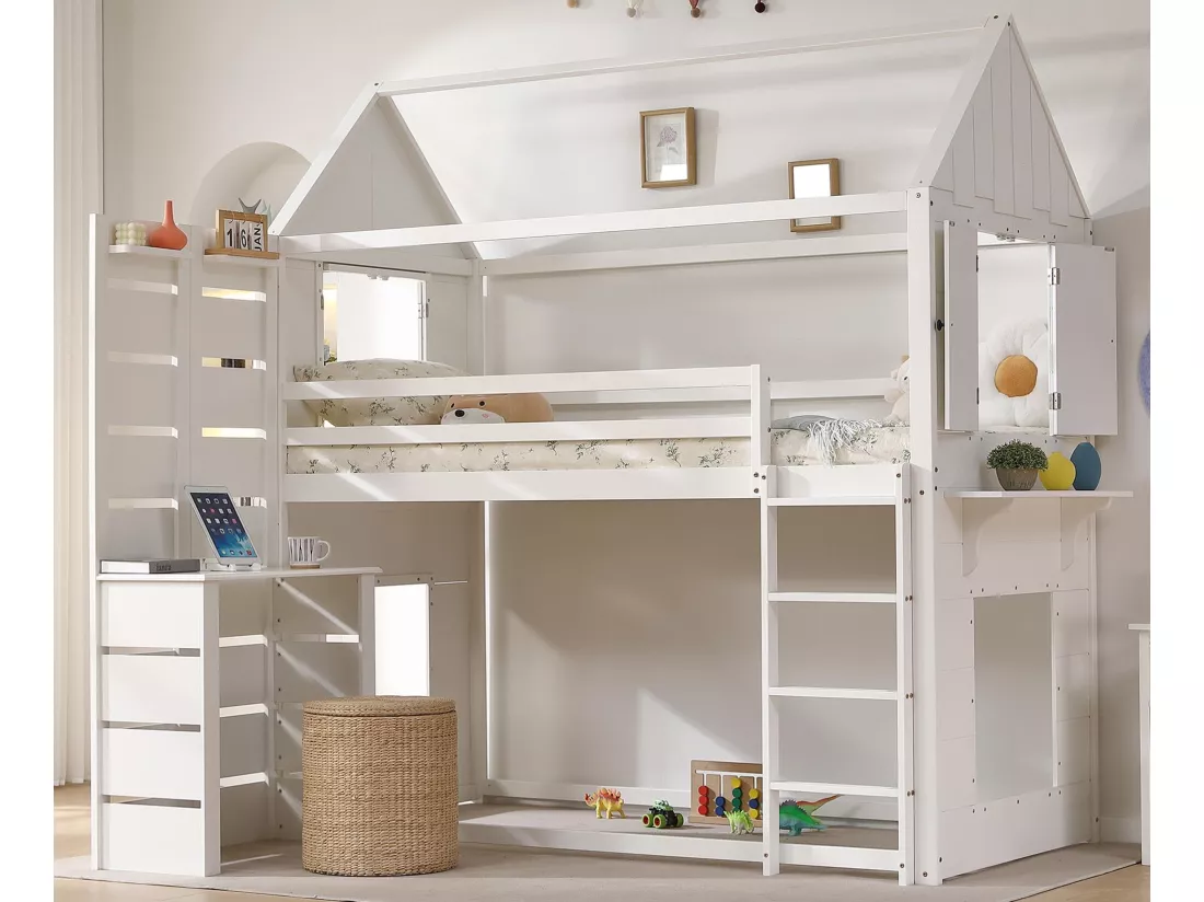 Lit mezzanine 90x200 cm en bois massif - avec bureau et échelle - Blanc