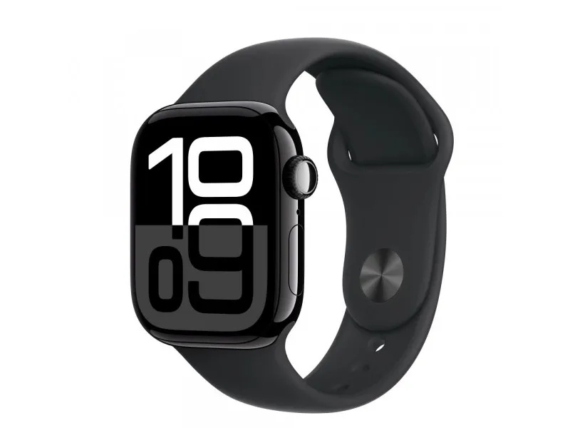 Apple Watch Series 10 (GPS) - 42 mm - jet sort aluminium - smart ur med sportsbånd - fluoroelastomer - sort - båndstørrelse: S/M - 64 GB - Wi-Fi 4, UWB, Bluetooth - 30 g