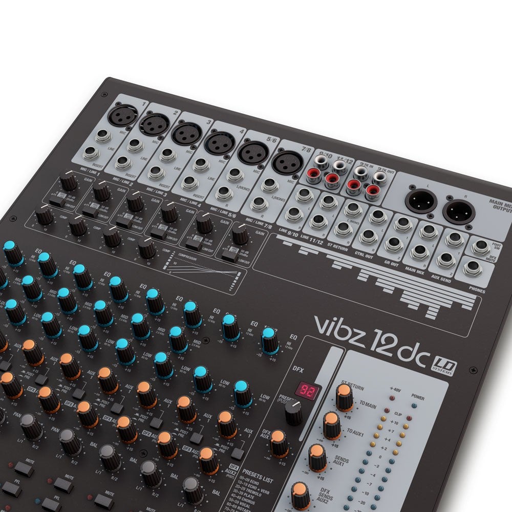 LD Systems VIBZ 12 DC 12-kanaals mixer met DFX en compressor