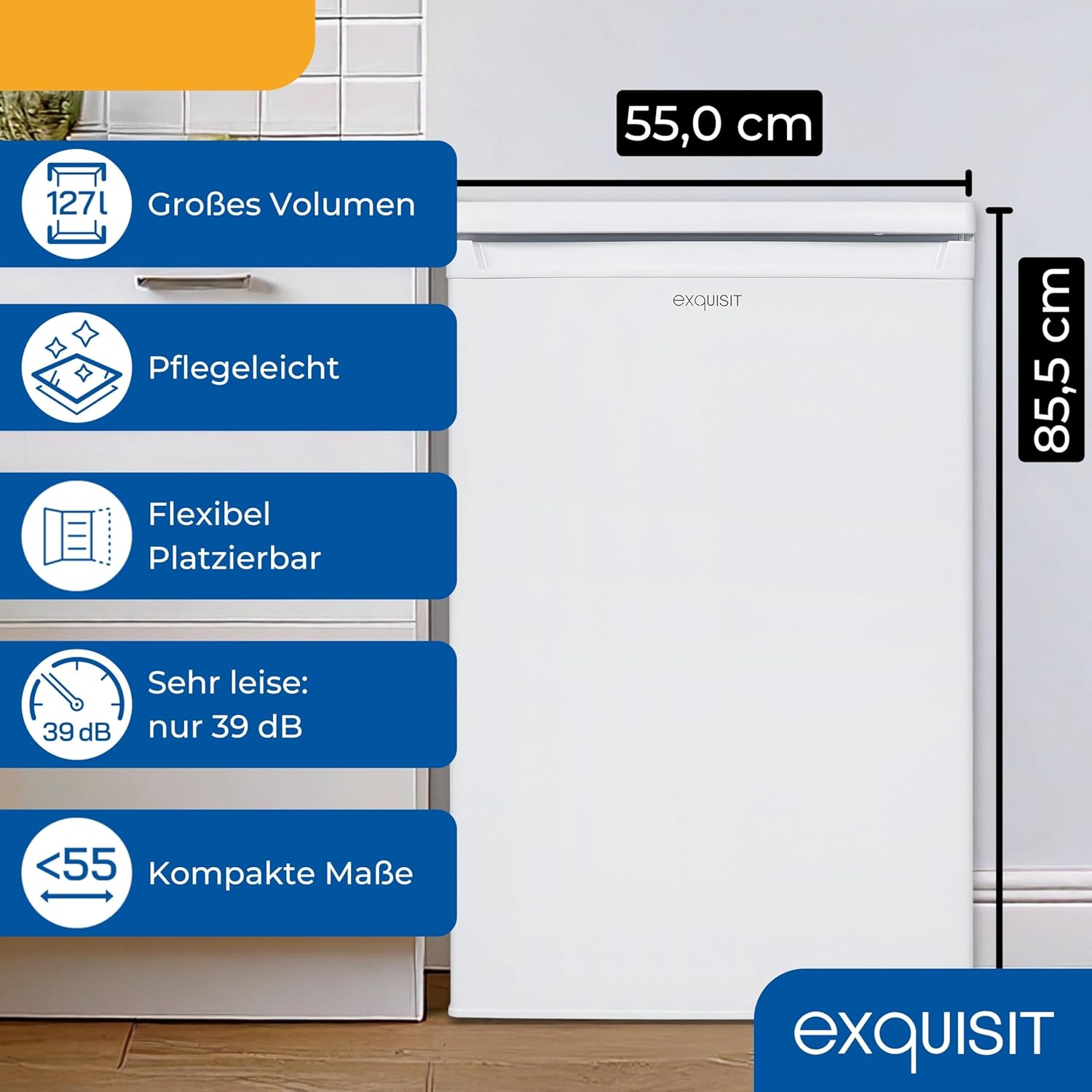 Exquisit Vollraumkühlschrank | 127 l Nutzinhalt, Energieklasse E, 39 dB(A) | kompakte Bauform, LED-Beleuchtung, Glasablagen, Gemüseschublade, manuelle Temperaturregelung | KS516-V-040E weiss