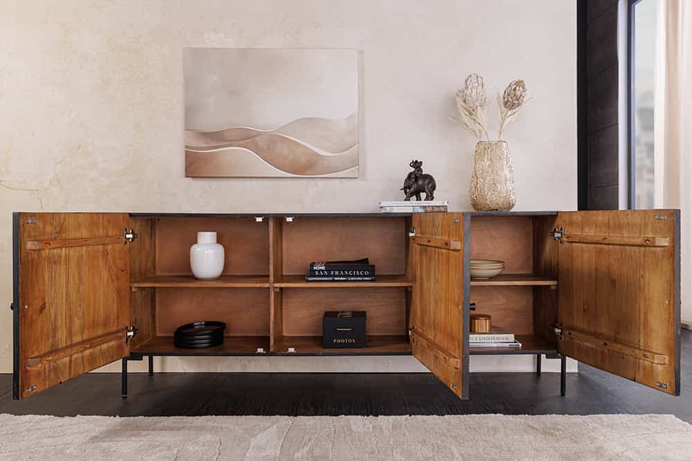 Massives Sideboard TRIBAL 180cm antik braun Mangoholz 3D-Front viel Stauraum