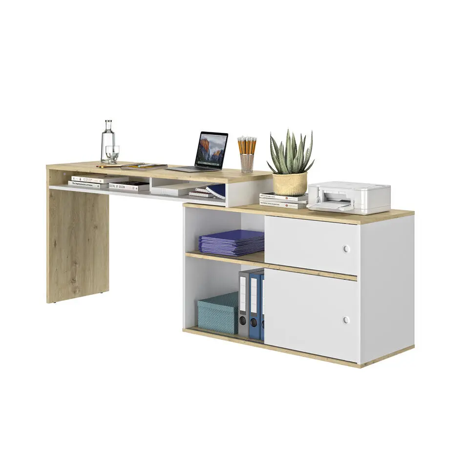 Diagone Bureau Modula - 6 posities - 2 Schuifdeuren - wit/eikenkleur