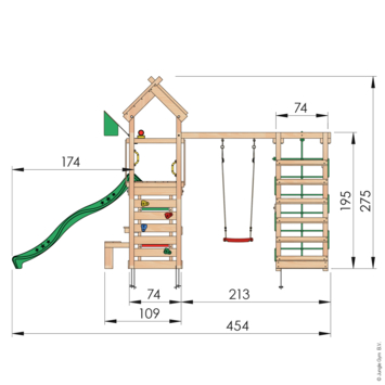 Speeltoestel Jungle Gym Teepee douglas met glijbaan donker groen en 1-klimrek module