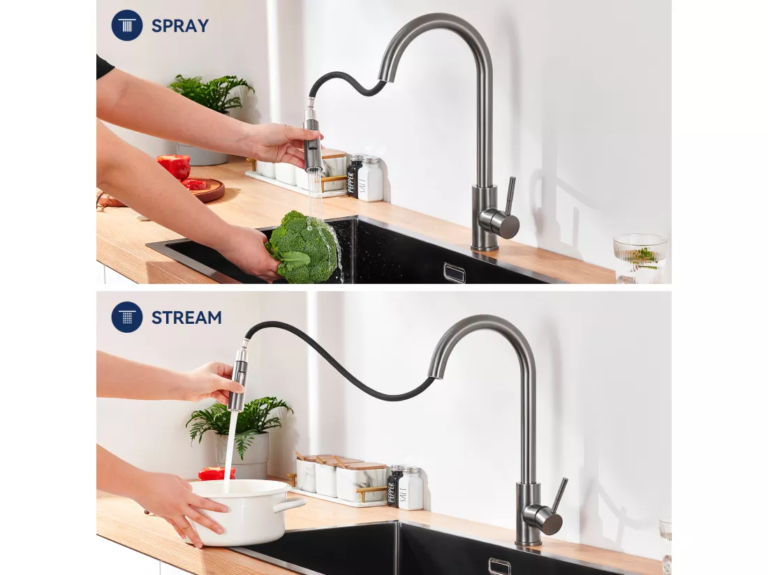 LONHEO MAX Mitigeur de Cuisine Gris 7-Forme avec 2 Fonctions Douchette Extractible Robinet d'évier Rotatif à 360° en Inox avec Barboteur démotable